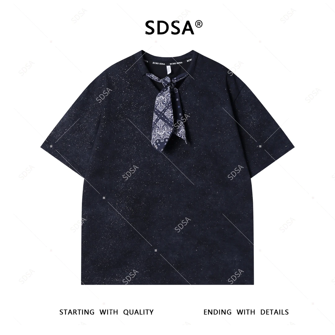 夏季高级感新款男士潮牌丝巾领带设计短袖T恤老钱风百搭时尚上衣