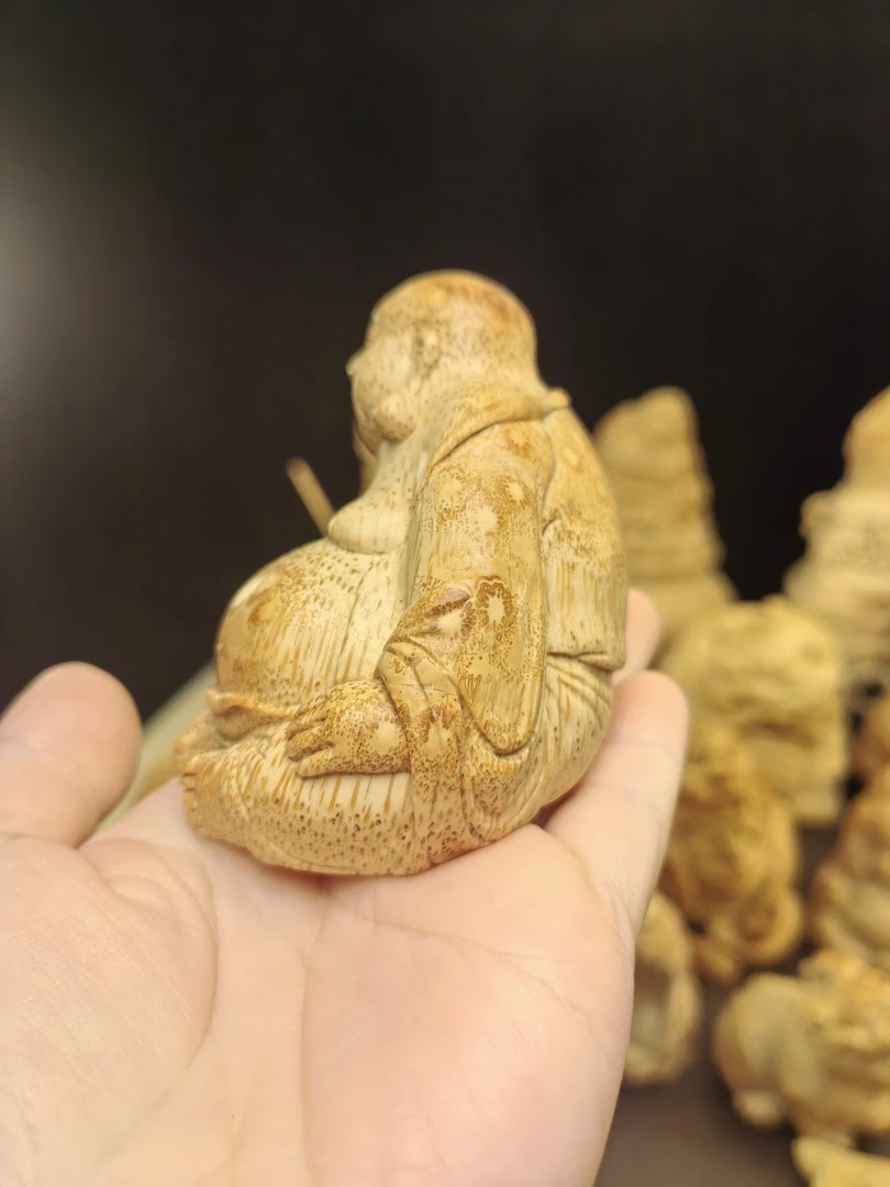 纯手工雕刻竹雕弥勒佛手把件