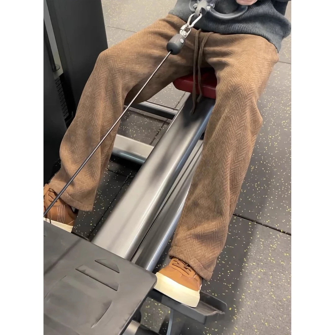 咖啡色麦穗纹加绒直筒裤男女款秋冬季美拉德加厚卫裤运动休闲长裤