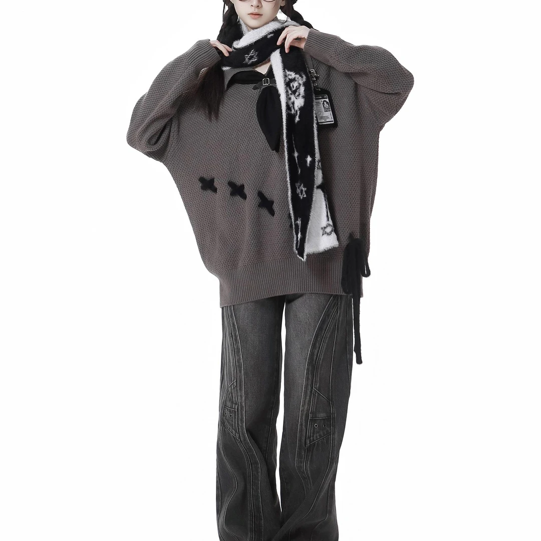 PINKSAVIOR/深灰水洗拼接美式复古设计感显瘦阔腿牛仔裤