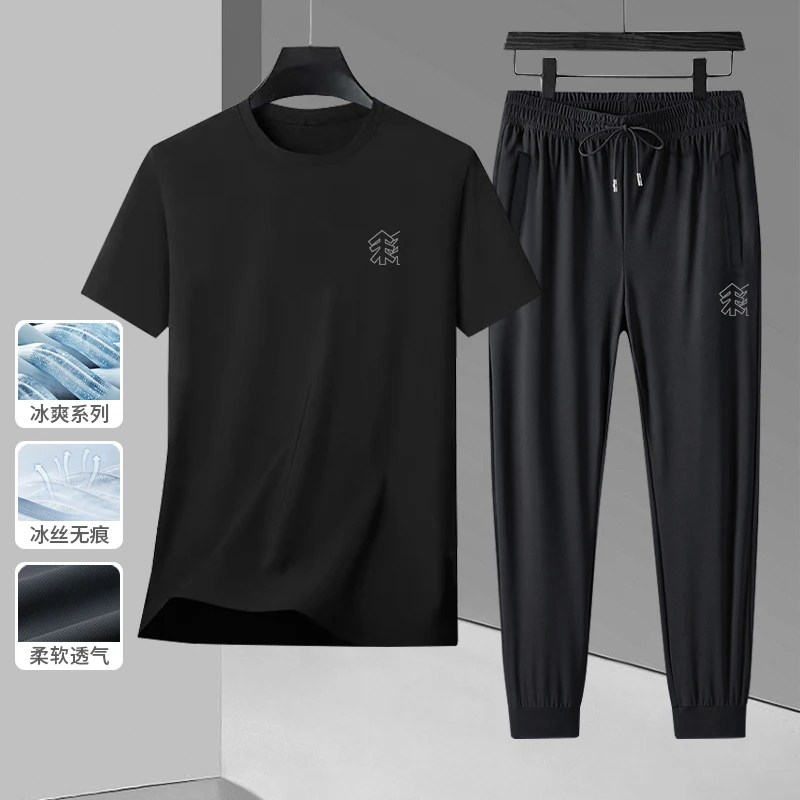 夏季长裤子男T恤休闲运动套装薄款户外圆领短袖搭配凉感卫裤夏装