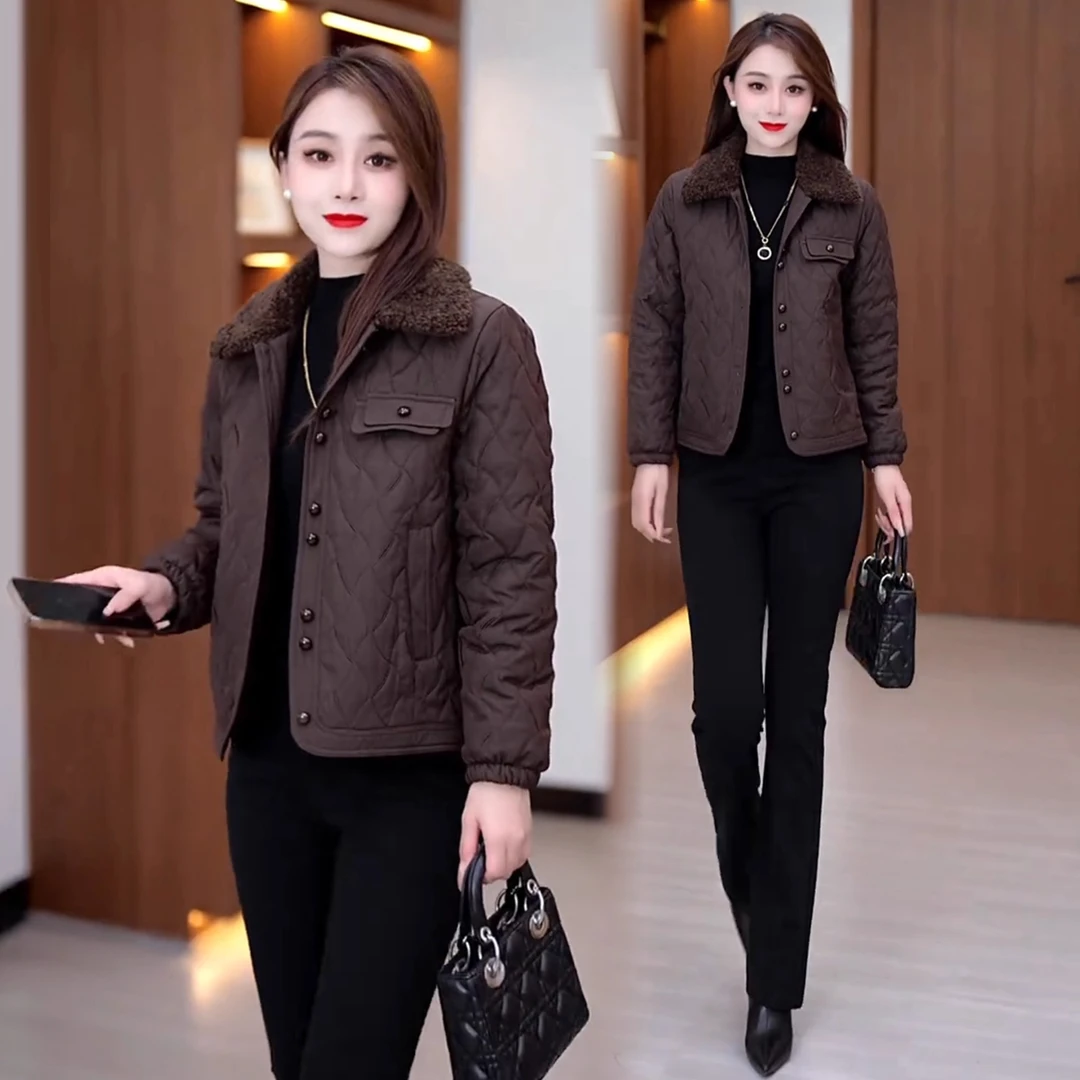 时尚洋气短外套女2025秋冬新款时髦小个子菱形夹棉保暖薄款小棉服