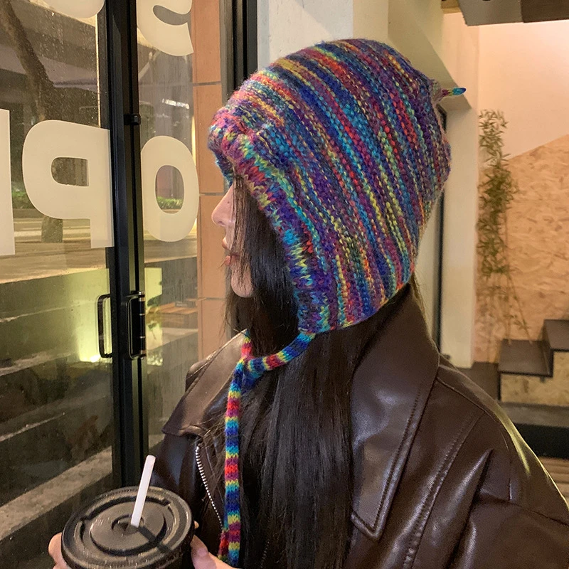 冬季渐变彩虹毛线帽女民族风保暖学生包头帽防寒百搭系带针织帽子