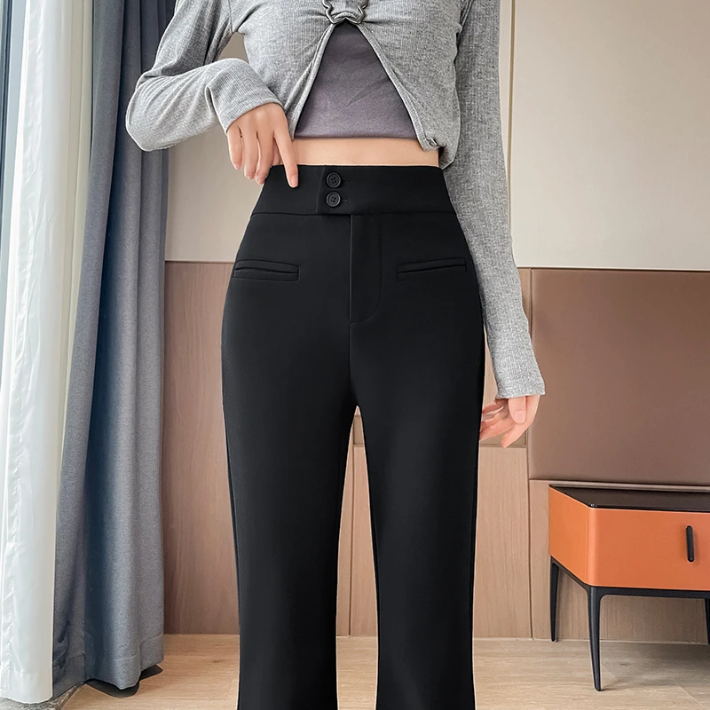 2025春新款休闲百搭时尚显瘦修身外穿黑色微喇叭女神裤黑色裤子