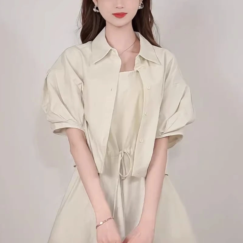 通勤百搭连衣裙2025夏季新款韩系松弛感灯笼袖衬衫+背心裙两件套