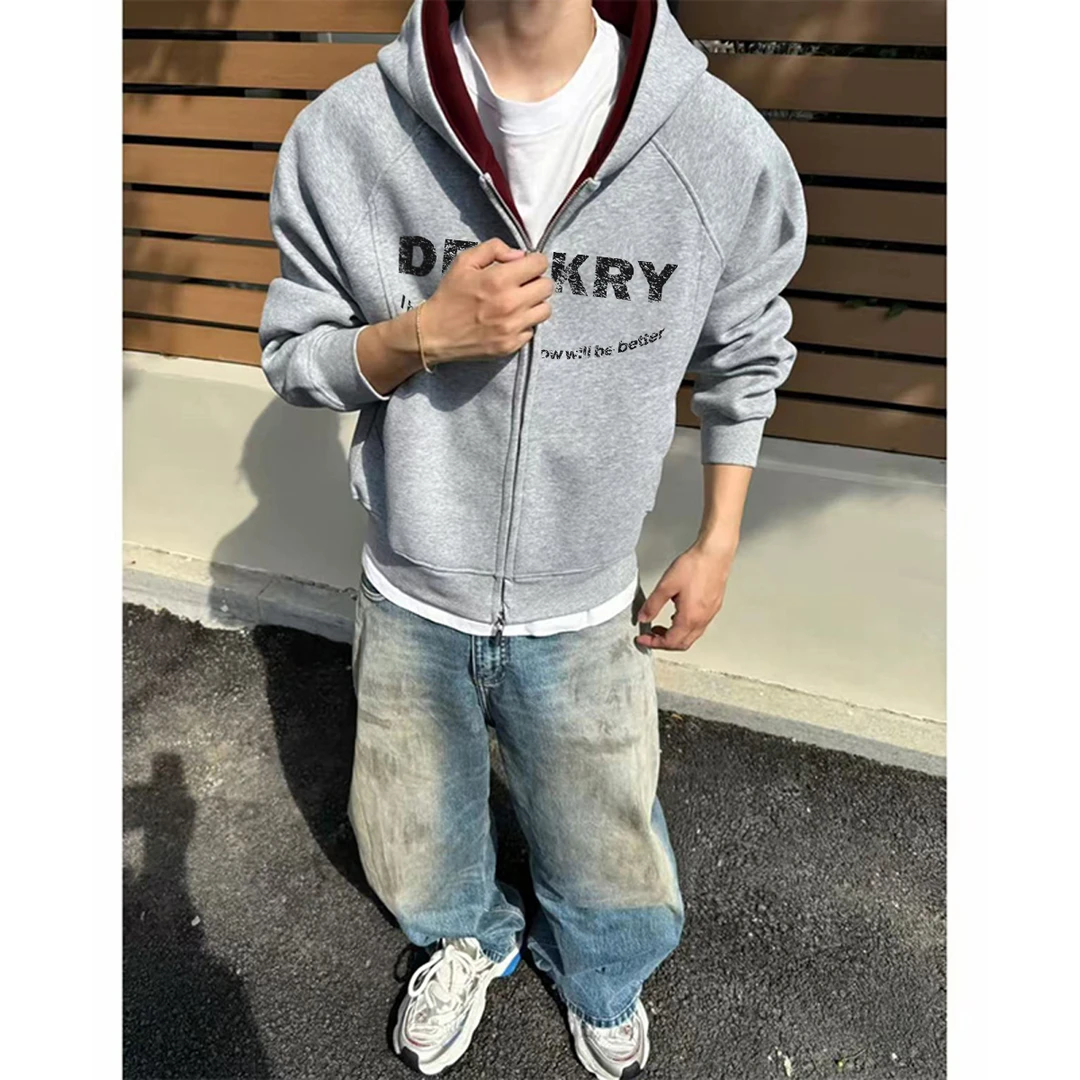 美式复古字母印花撞色连帽外套男秋冬季潮牌宽松休闲情侣开衫卫衣