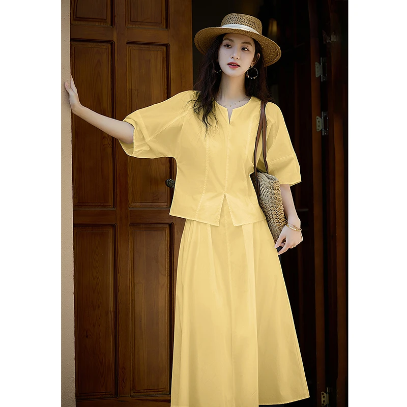 dme德·玛纳女艺术家套装夏季泡泡袖上衣开叉半裙女式两件套88707