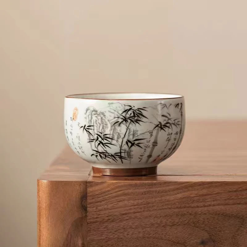 陶瓷米黄汝窑水墨竹铜钱杯底品茗杯主人杯茶杯带收纳包