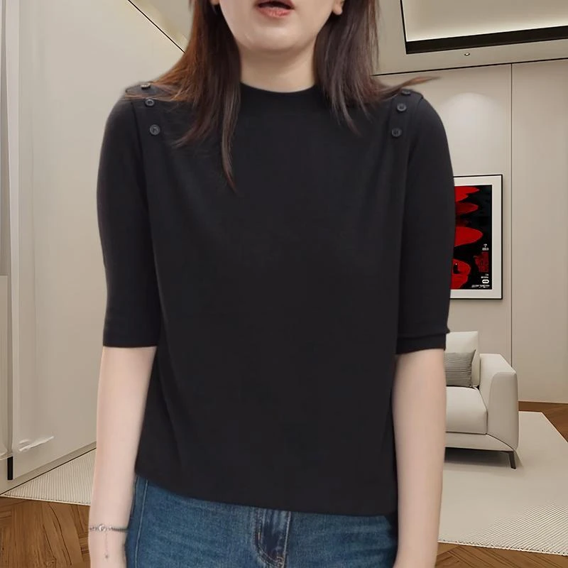 中袖针织衫女初春新款圆领纯色纽扣高级感打底衫时尚百搭洋气上衣