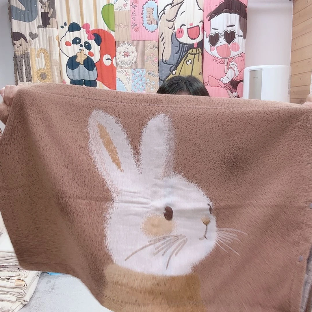 棉全棉纱布枕套小兔咖