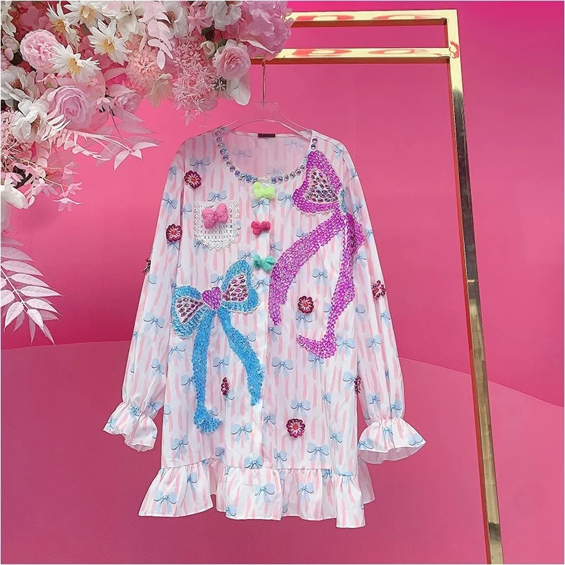 A1220欧美设计师2025春夏新款重工钉钻刺绣亮片蝴蝶结时尚衬衫裙