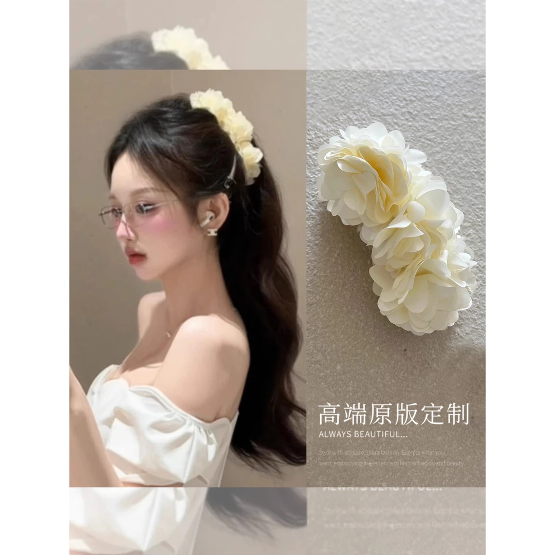 纯欲风！奶油白玫瑰花香蕉夹高马尾发夹发卡夹子氛围感发饰夏新款