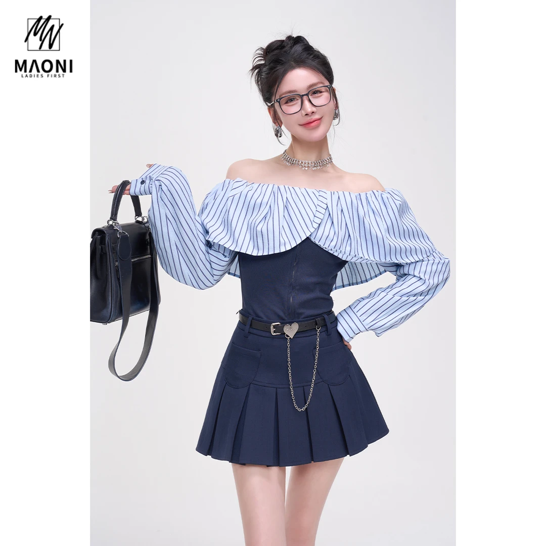 毛妮Peshe【韩风一字肩小衫】辣妹条纹荷叶收腰撞色长袖衬衫L1537