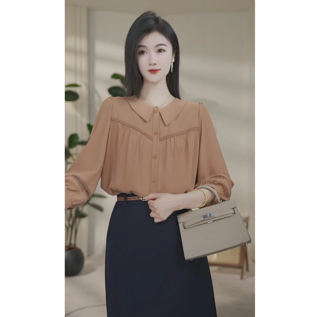 【婷婷甄选】流光风8592466奶橘色气质休闲时尚薄款衬衫设计感百搭