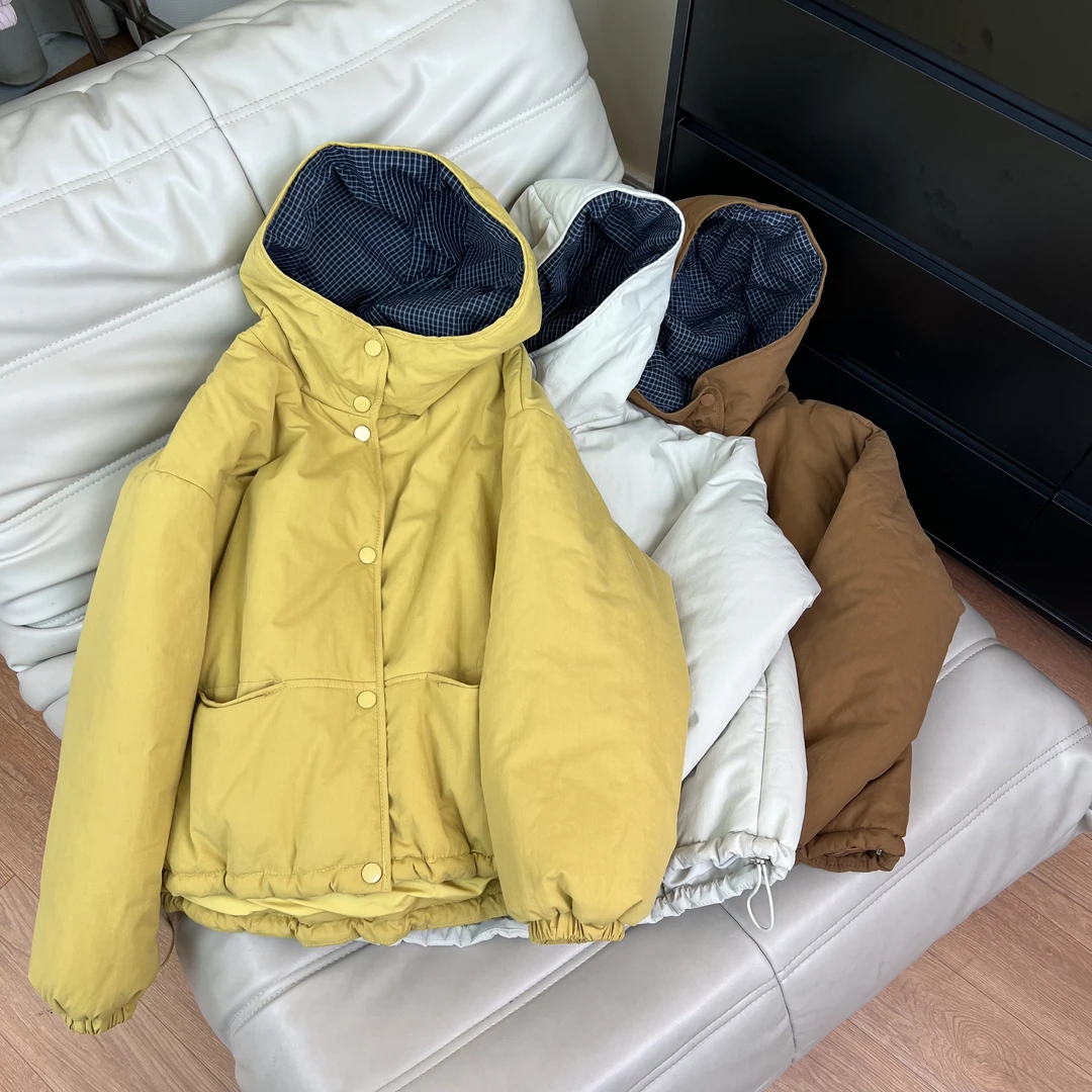 2025拼色格子连帽夹棉棉服外套冬季新款简约百搭休闲女