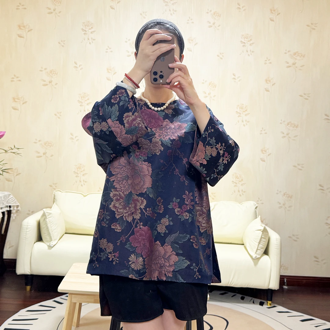 新宋锦香云纱蓝底粉牡丹100桑蚕丝极简上衣（70长）