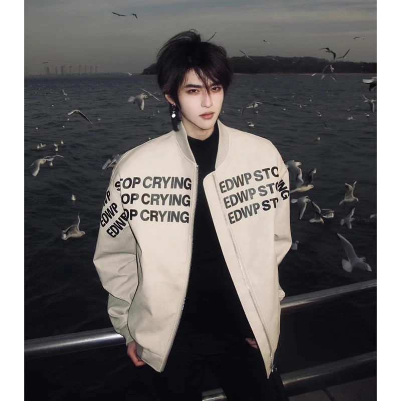 短皮外套男春款美式复古高街飞行员夹克高级感卡其色hiphop棒球服