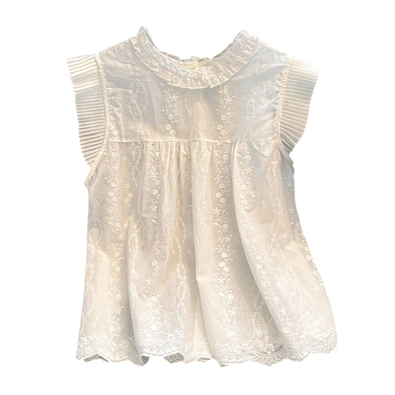 法式刺绣木耳花边无袖衬衫女2025夏季新款小飞袖设计感背心上衣潮