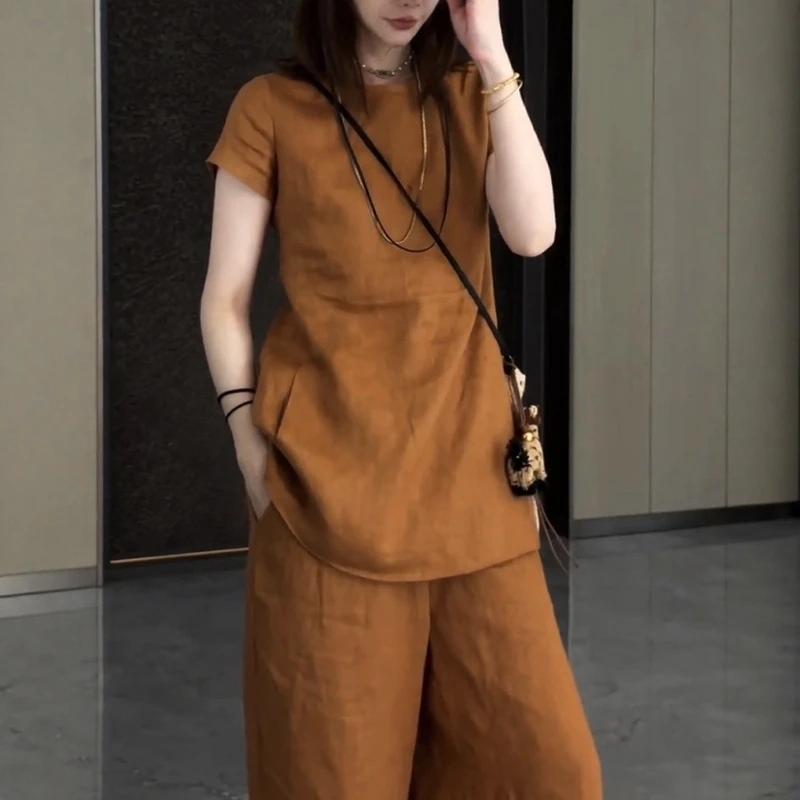 欧货棕色富婆老钱风亚麻套装胖MM大码夏季绝美穿搭八分裤两件套
