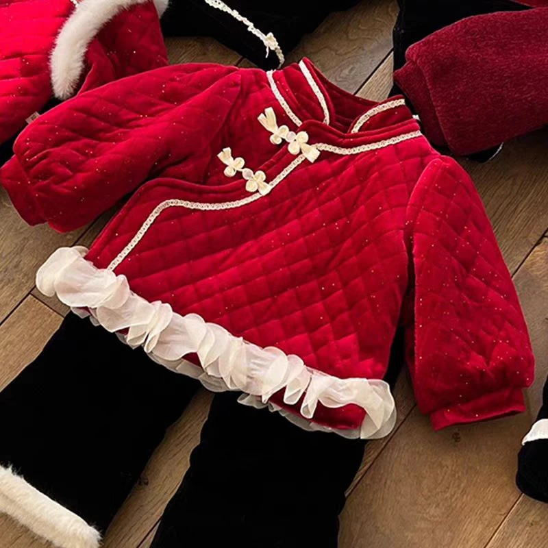 【艺小微】女童新年装套装洋气儿童红色加绒加厚复古中国风拜年服