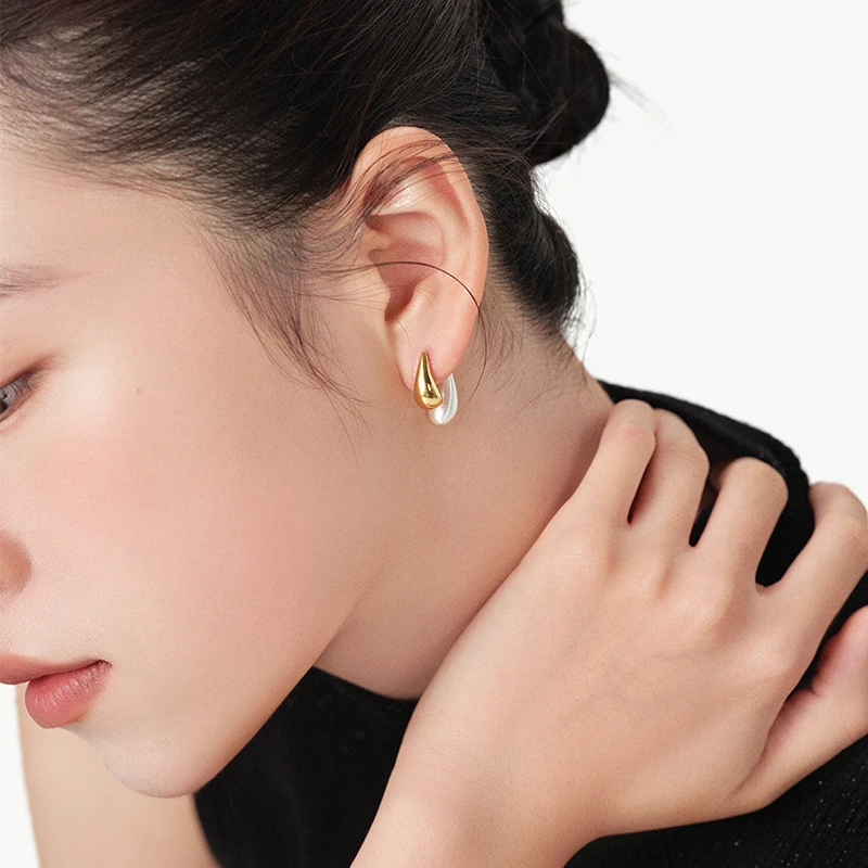 铜合金耳饰 欧美复古简约前后双色水滴撞色时尚设计感耳环女1427