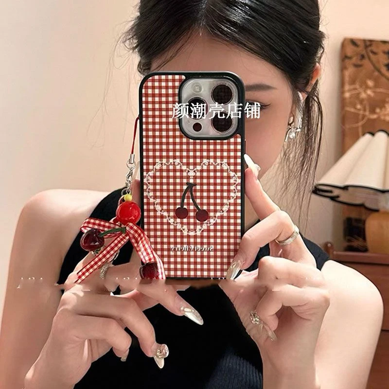 格子爱心樱桃16promax手机壳适用苹果11防摔12网红高颜值14女款15