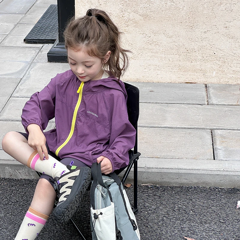 UPF50+儿童夏季轻薄连帽皮肤防晒衣外套休闲洋气撞色防晒服潮