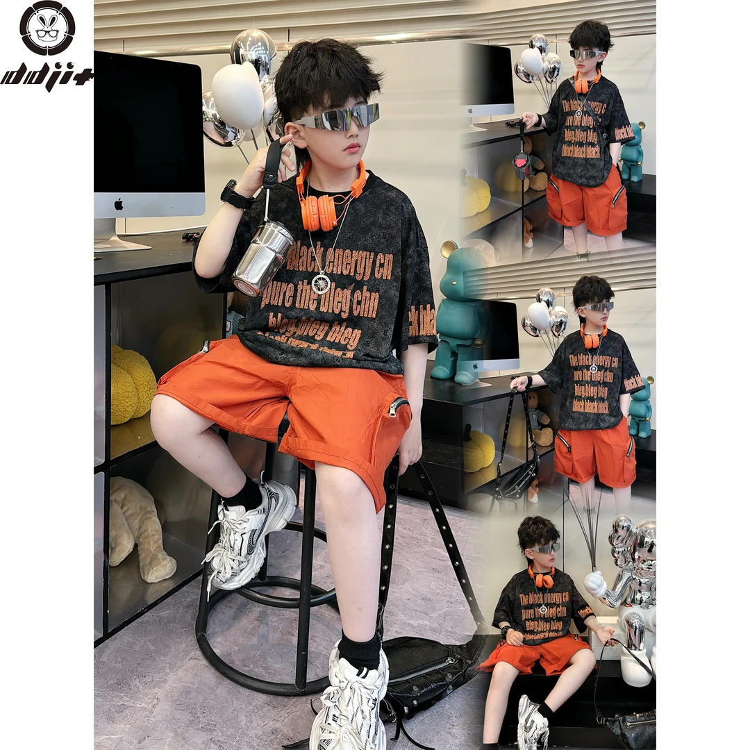 蛋蛋家【日出】夏季新款儿童橘色破洞字母短袖工装2025年款衣服儿童