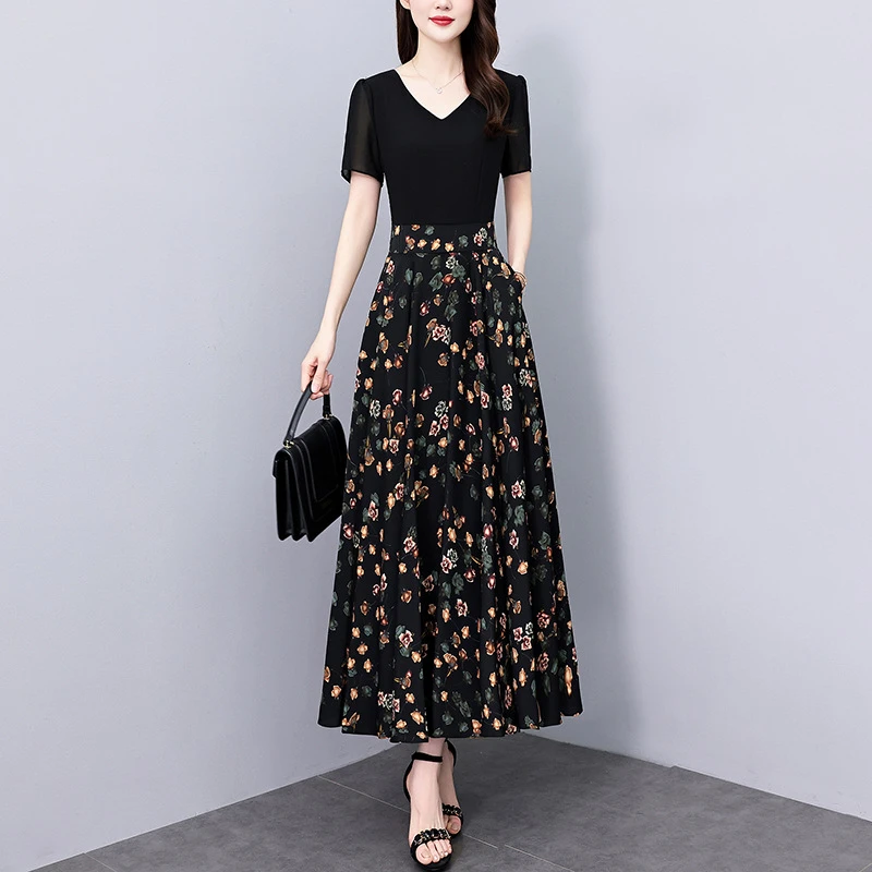 夏季新款印花拼接假两件连衣裙大码胖MM高级感气质减龄显瘦收腰裙