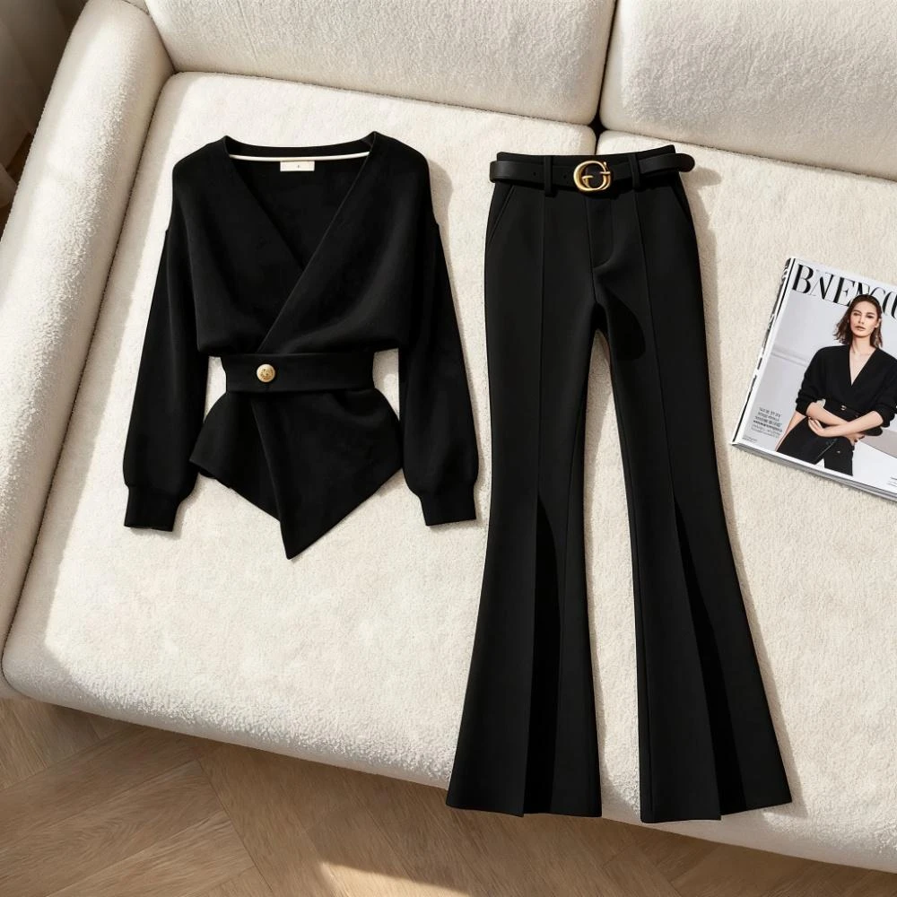 轻熟风气质秋冬套装新款收腰显瘦针织上衣休闲裤时尚小香风两件套