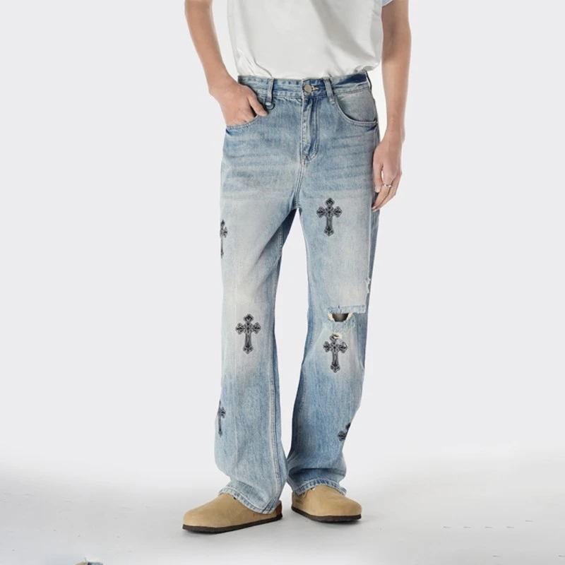 克罗心牛仔裤夏季男士直筒男款爆款破洞裤男款蓝色裤子破洞牛仔裤