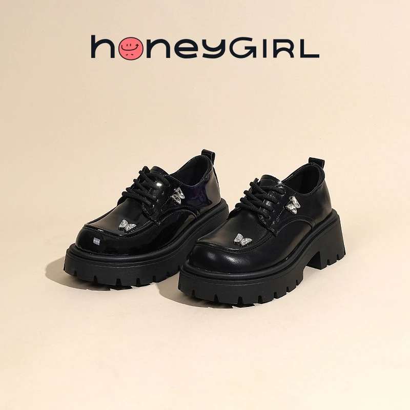 honeyGIRL2025新款乐福鞋休闲百搭厚底黑色皮鞋丝带增高粗跟女鞋