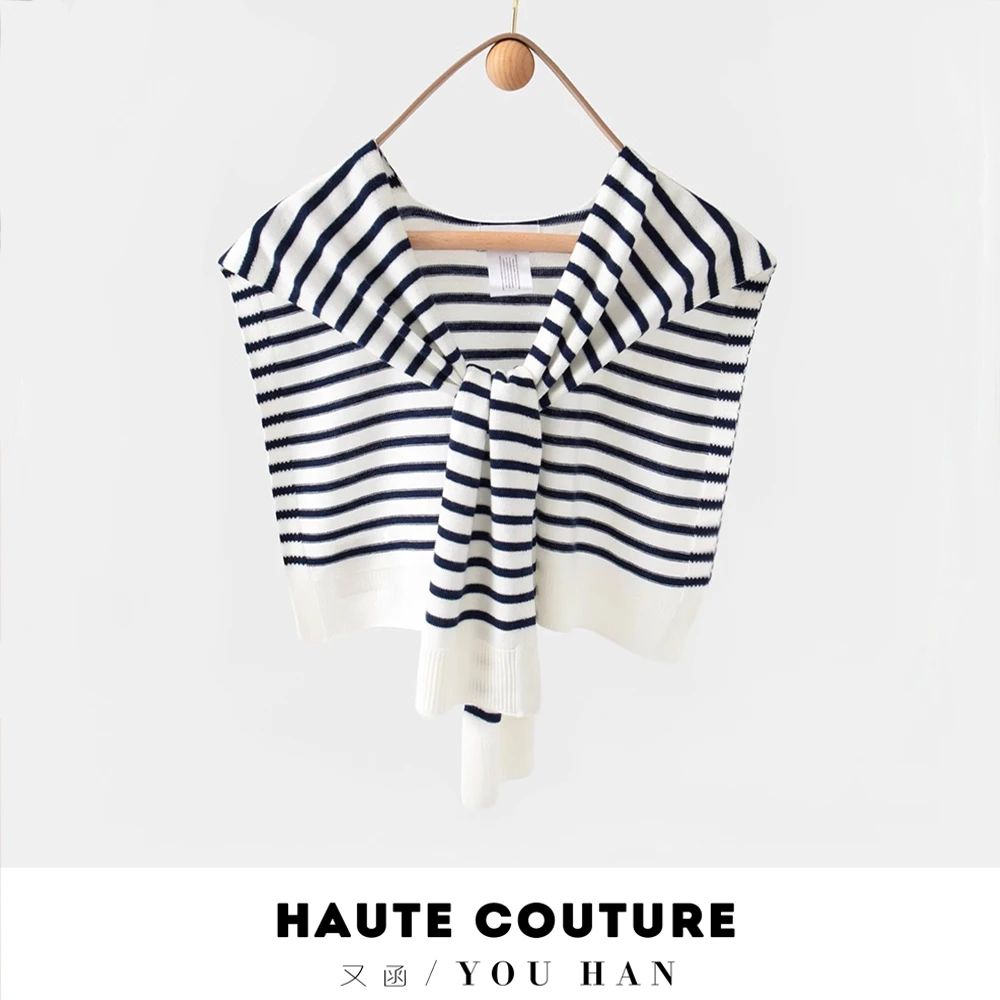 春秋经典条纹针织披肩外搭百搭假领子坎肩含羊毛简约黑白穿搭神器