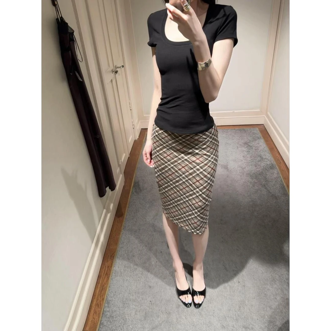 洋气衣服女2025新款气质修身方领短袖上衣显瘦包臀裙短裙半身裙子