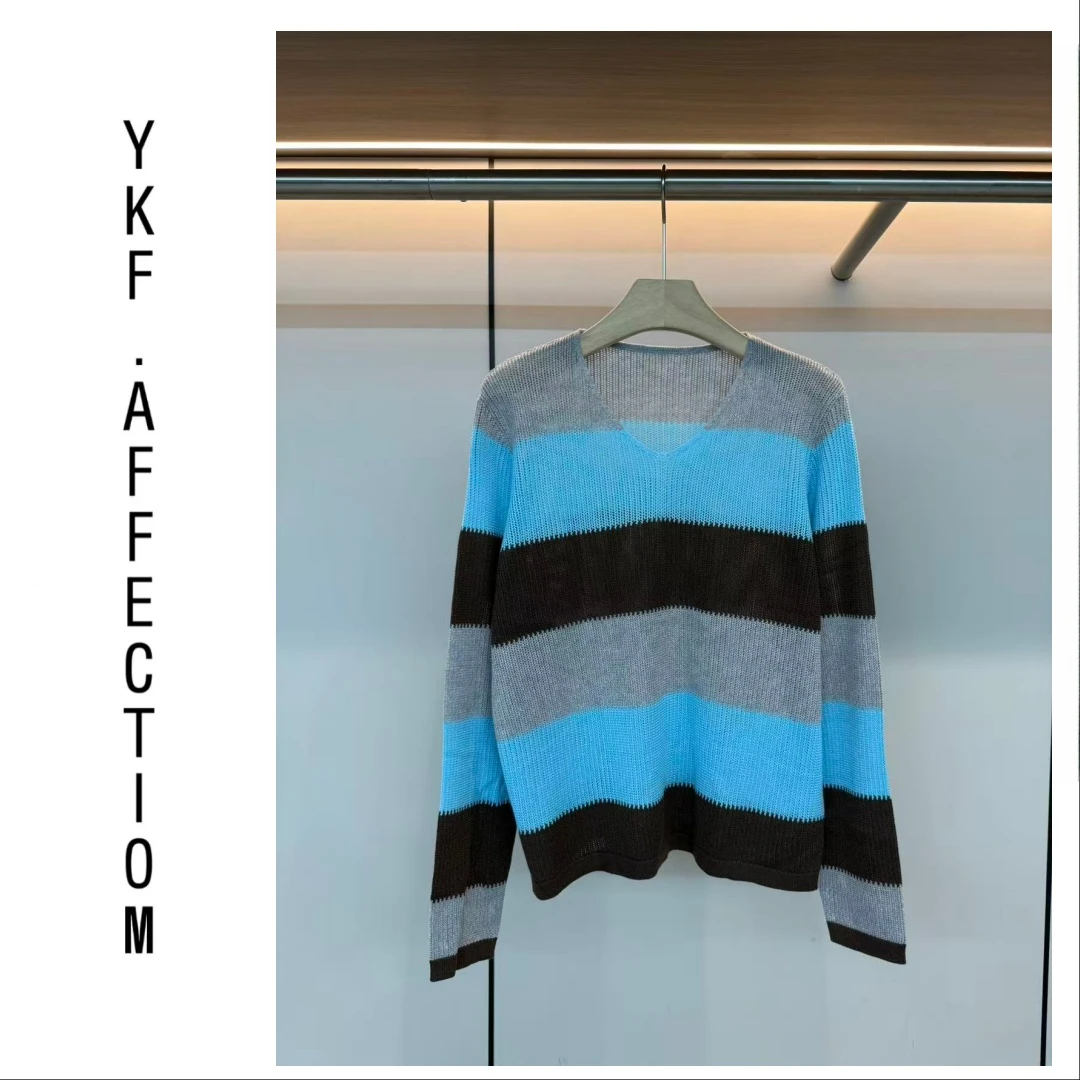 【彩条衫】慵懒彩色V领条纹撞色针织上衣91005