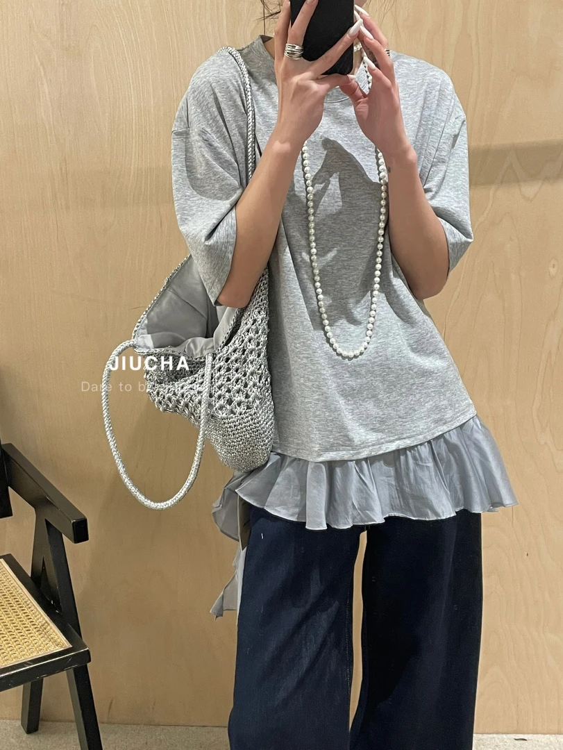 66225拼接荷叶边圆领短袖宽松休闲斜边百搭短袖T桖