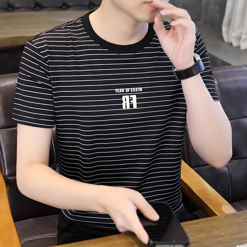 潮牌条纹男士短袖t恤男款夏季新款冰丝透气半袖体恤休闲百搭上衣