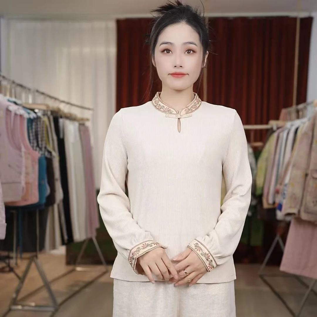 【挽霜】秋冬新款拼接国风刺绣打底衫2068