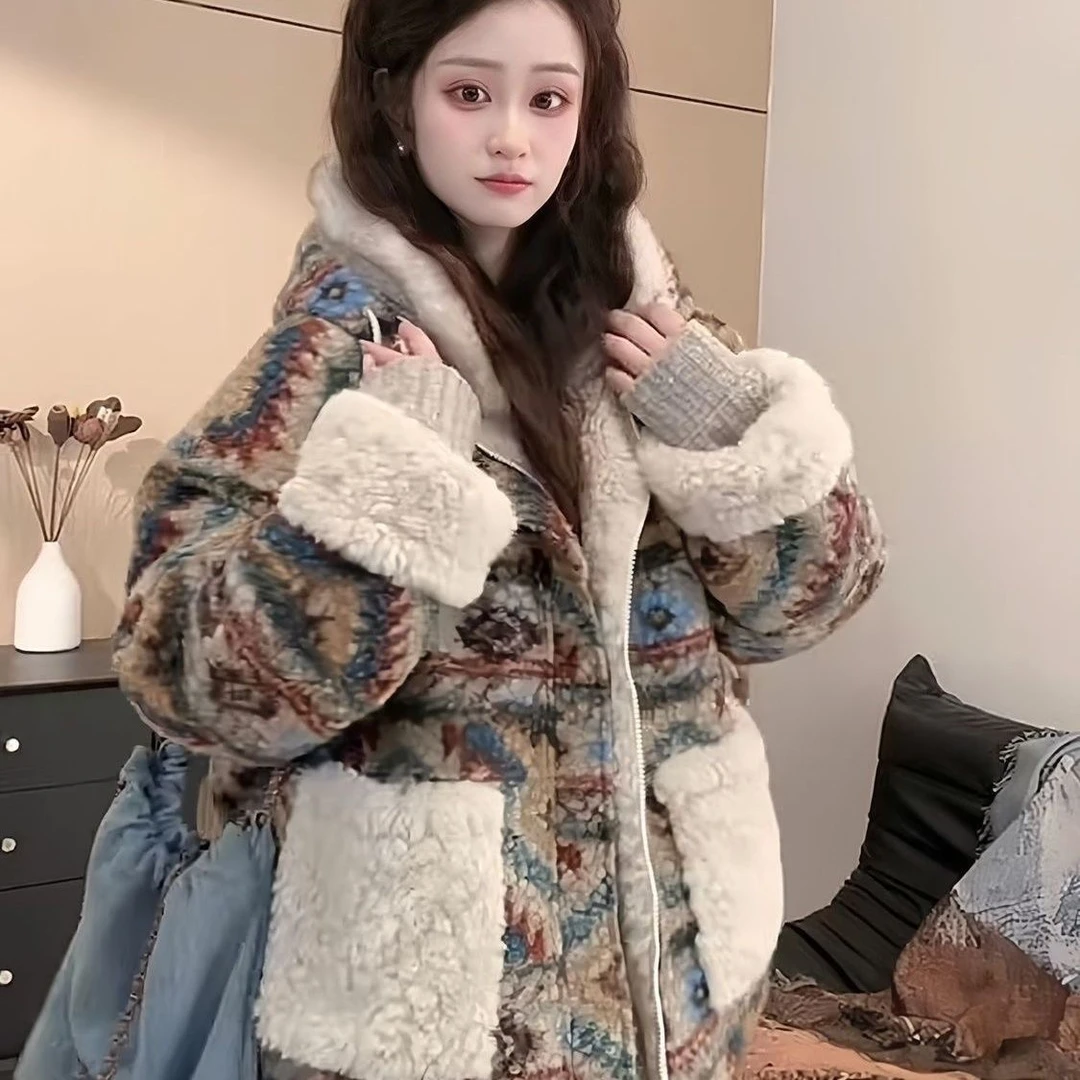 韩版气质复古撞色毛绒外套女冬季新款加厚连帽羊羔绒两穿上衣