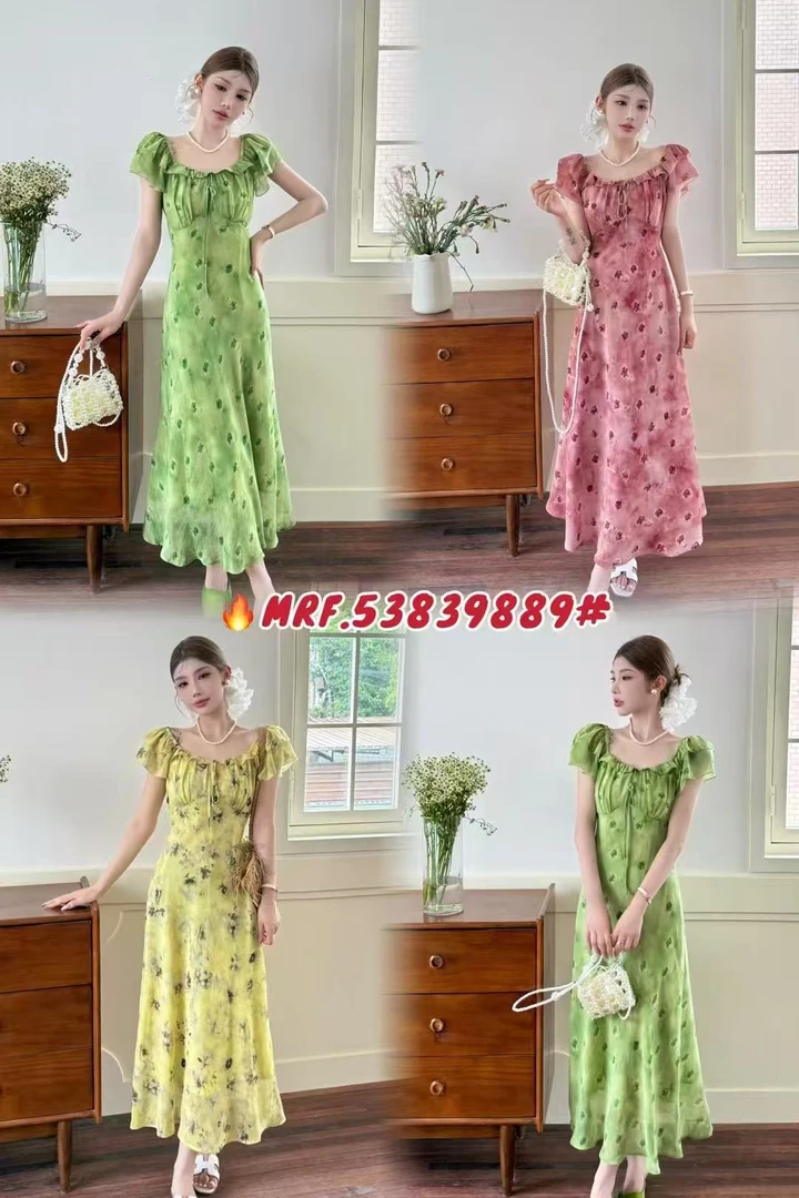 法式气质荷叶袖显白碎花方领收腰连衣裙