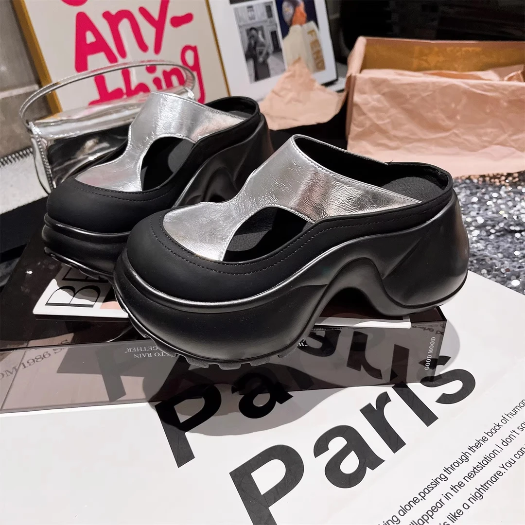 厚底一脚蹬懒人鞋女2025夏季新款镂空小个子内增高外穿包头半拖鞋