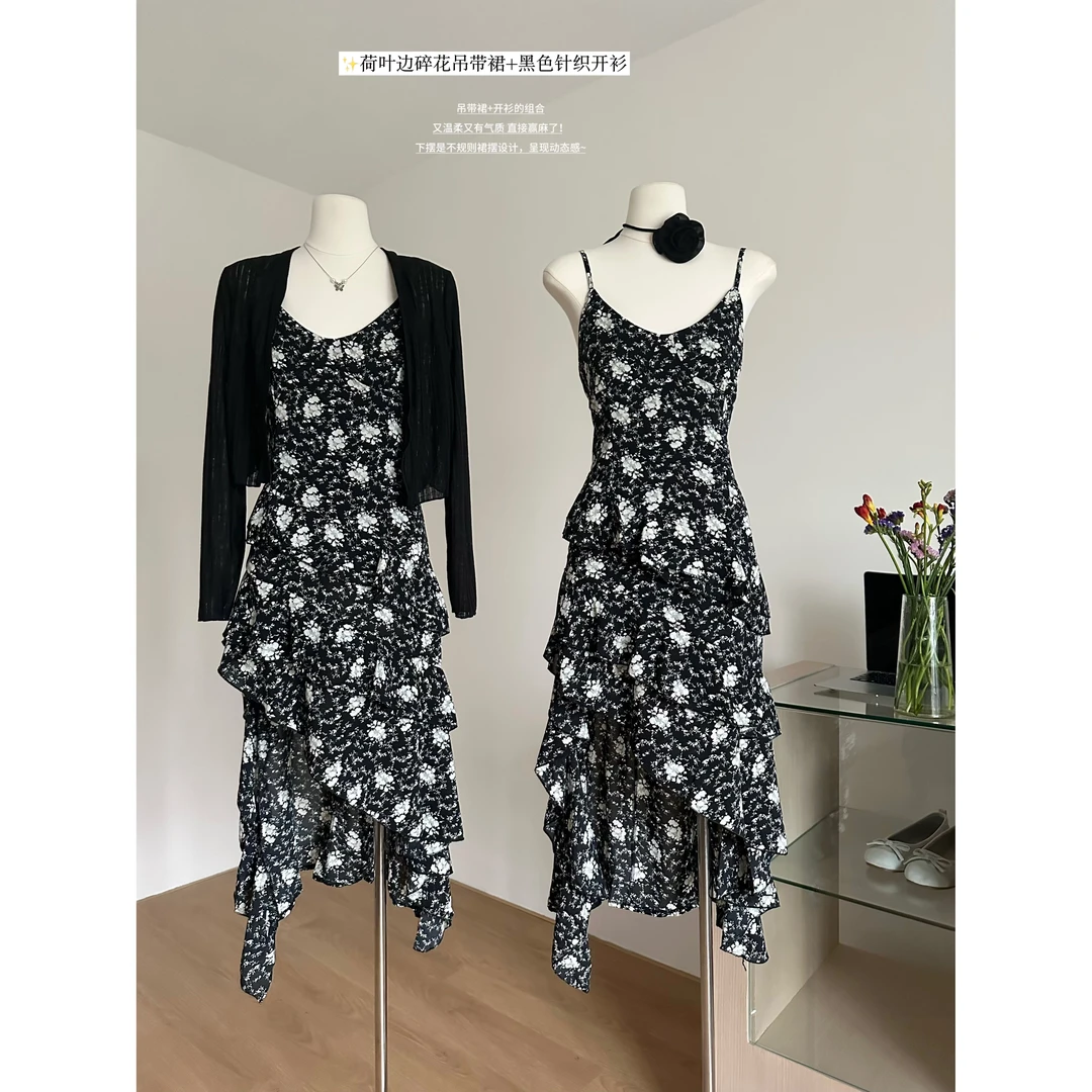 法式荷叶边吊带碎花连衣裙针织开衫套装春夏纯欲性感不规则长裙