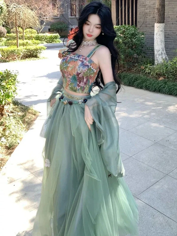 现货秒发---吊带夏季春夏汉元素齐胸对襟复古古风中国风印花小白