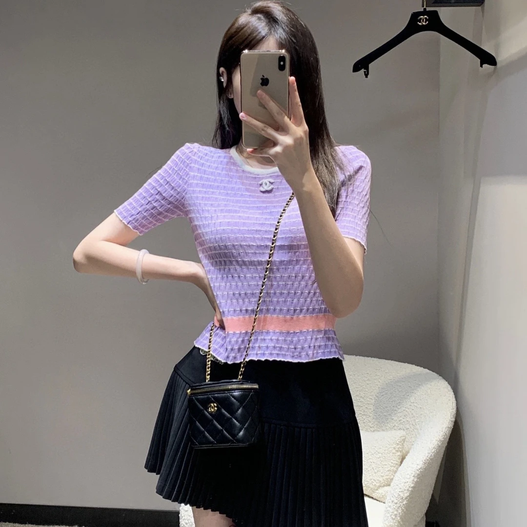 99新 Chanel/香奈儿 cc048 25款logo刺绣条纹针织短袖 38码 棉