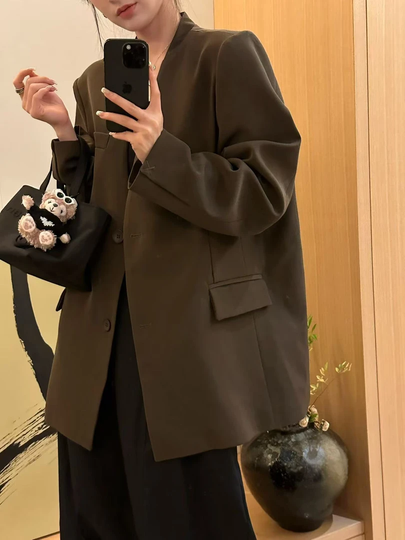 极简row风无领西装外套女秋新通勤气质高级感廓形小西服上衣