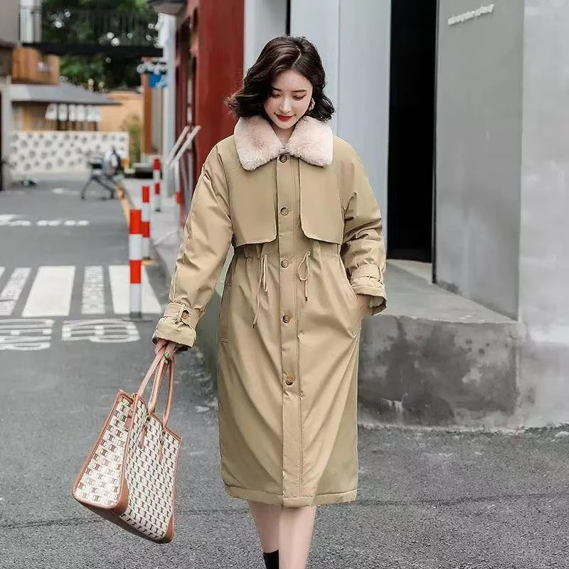 6109 英伦复古加绒派克服冬季中长款外套洋气宽松棉服过膝棉袄
