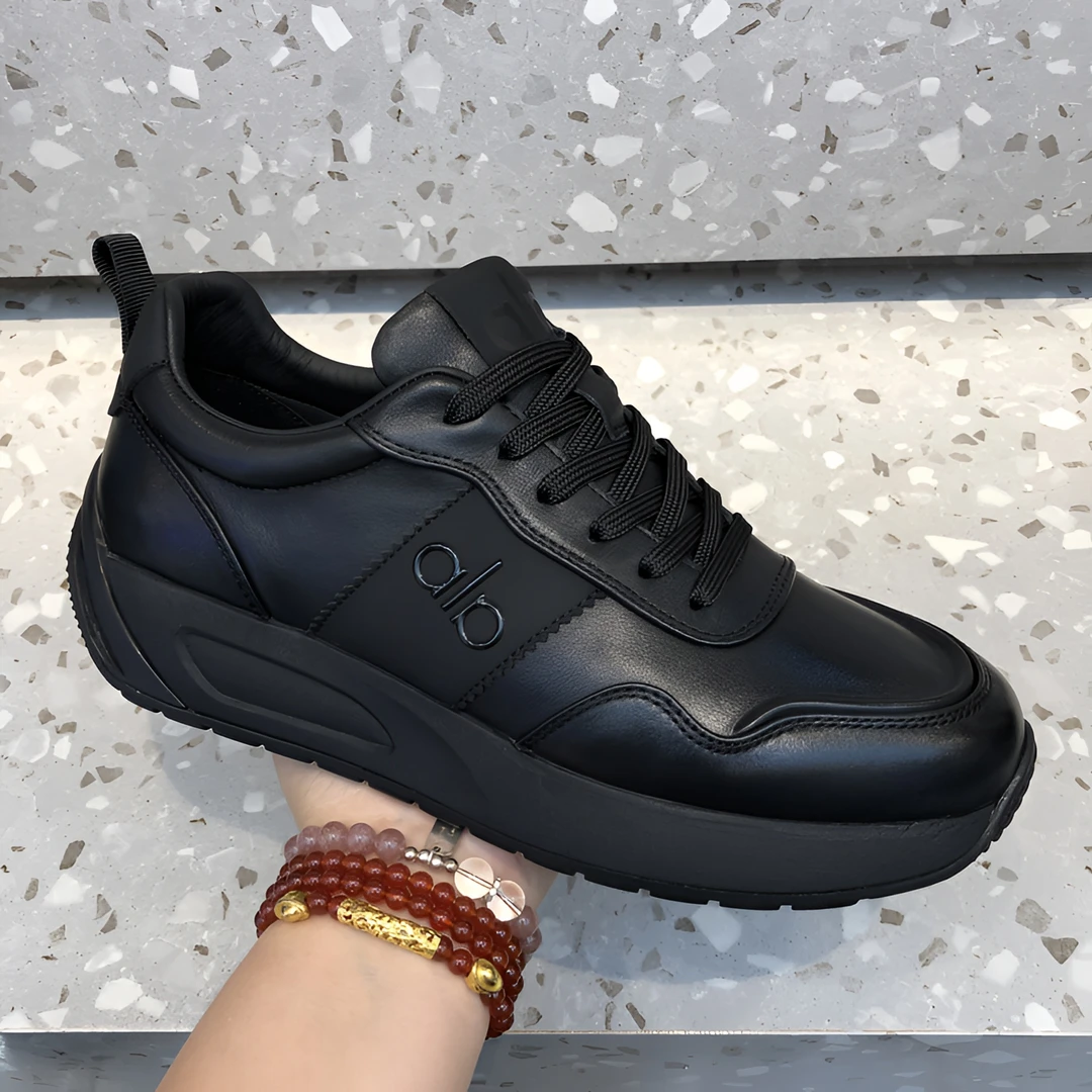 广州真皮男鞋秋季新款时尚厚底休闲皮鞋系带低帮百搭增高休闲鞋