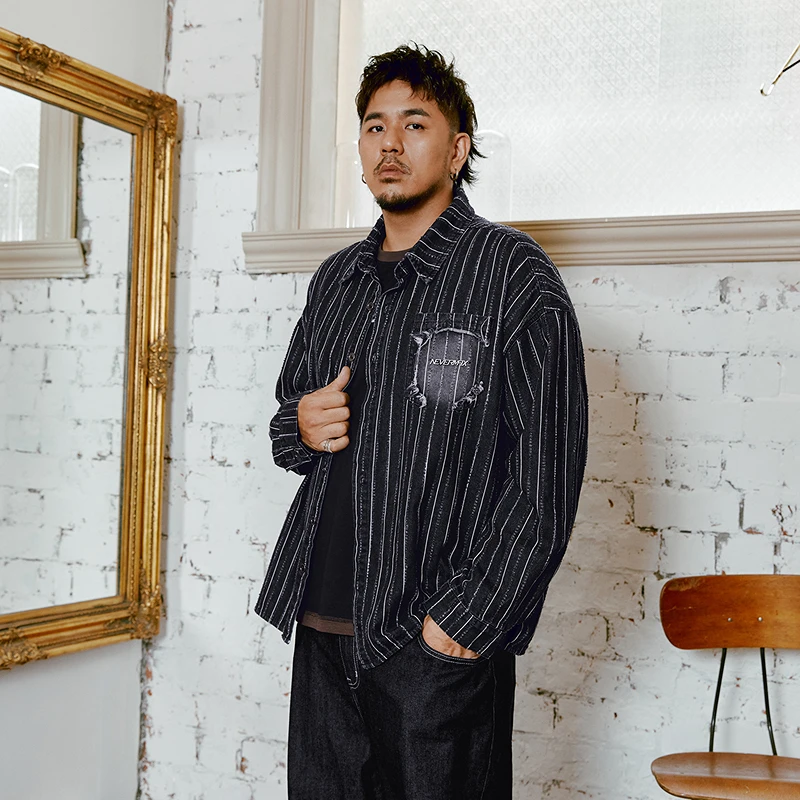 NMAX大码潮牌男装25年秋季潮流条纹牛仔毛边简约休闲外套FNC035