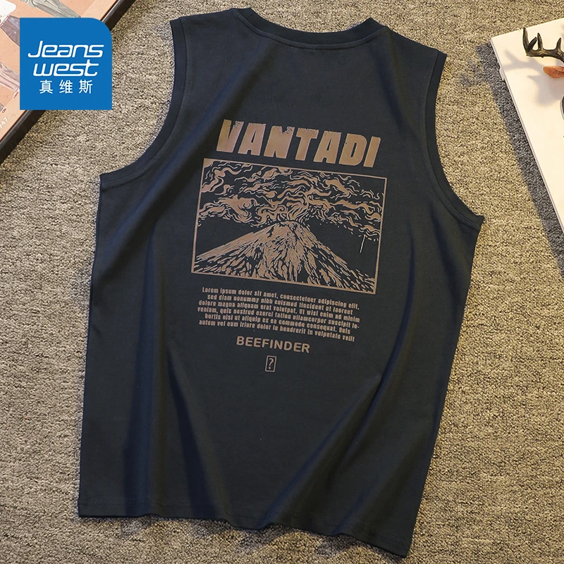 Jeanswest/真维斯美式印花背心男生夏季宽松潮流健身运动无袖T恤