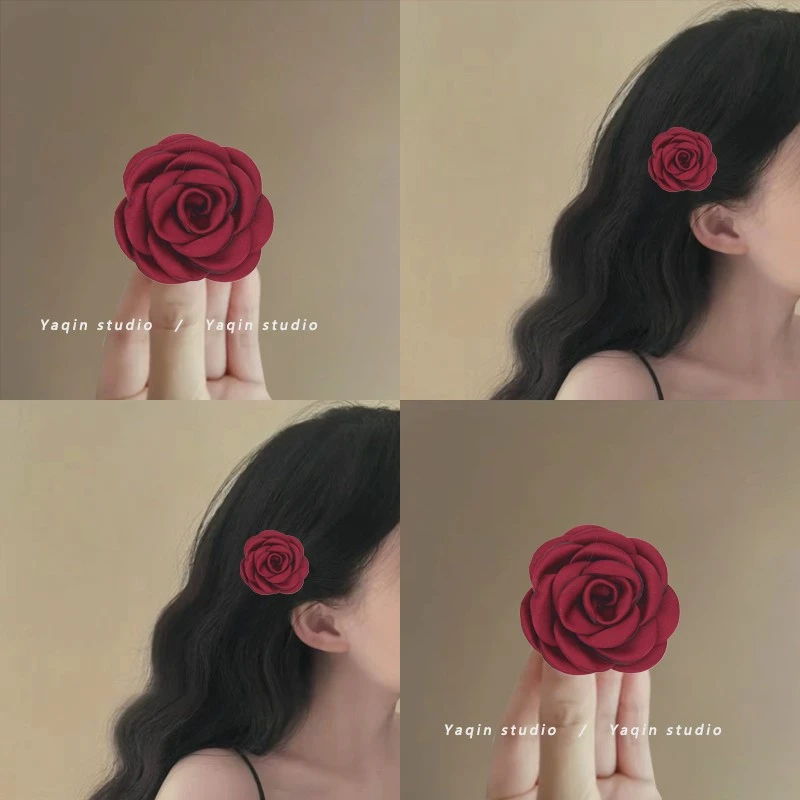 迷人酒红！红色山茶花朵发夹！头花边夹甜美发卡子头饰女夏盘发器